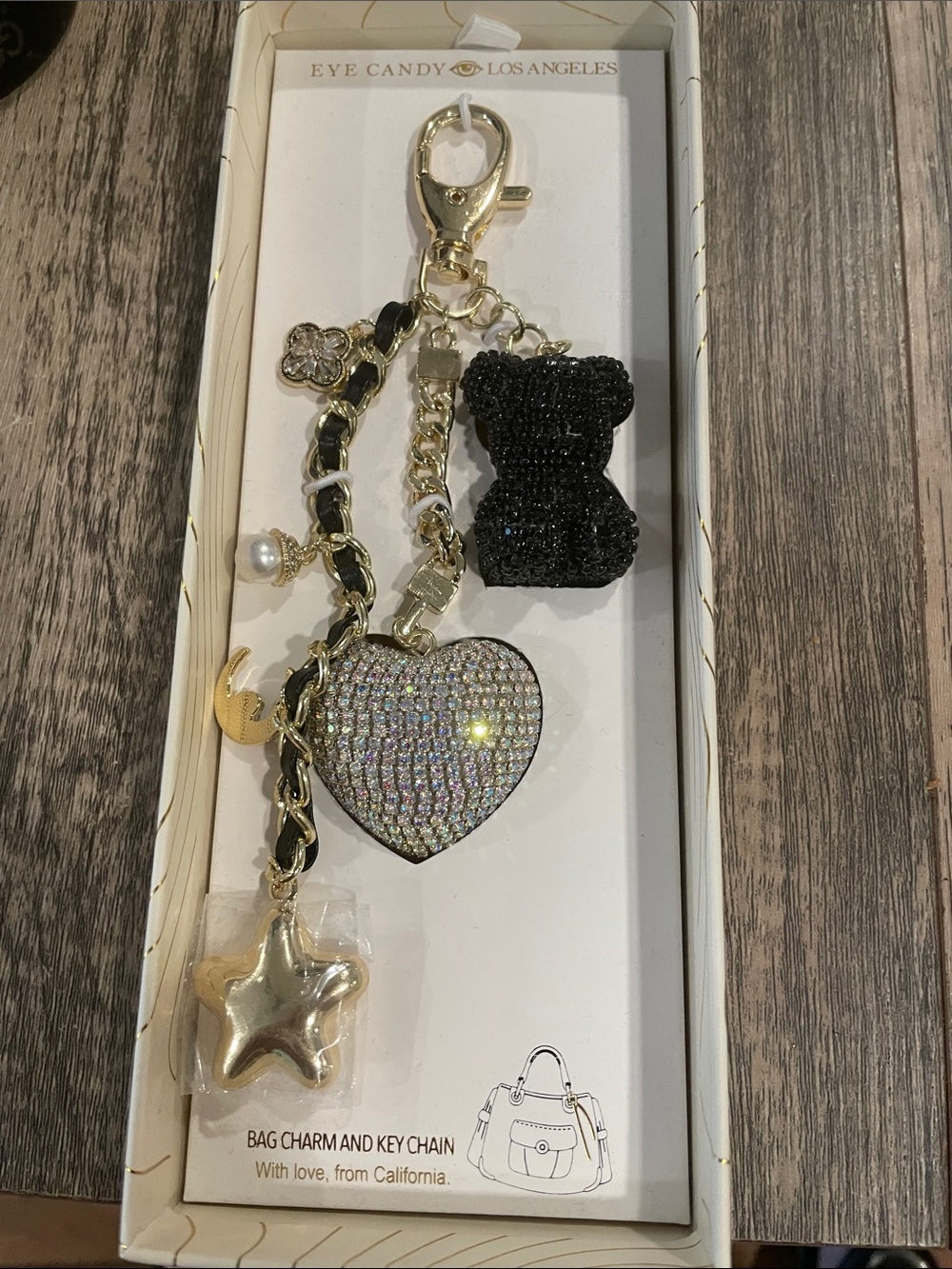 NIB Eye Candy Black Rhinestone Teddy & Heart Keychain with Gold Accent